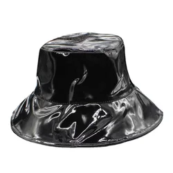 Men Women Summer Travel Beach Bucket Sun Cap Unisex Glossy Patent Leather Big Wide Brim UV Sunscreen Hip Hop Fisherman Hat R50