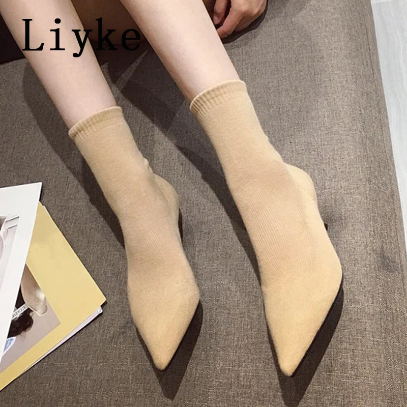 Liyke Spring Autumn Casual Cozy Black Stretch Fabric Ankle Sock Boots Women Pointed Toe Low Thin Heels Slip On Shoes