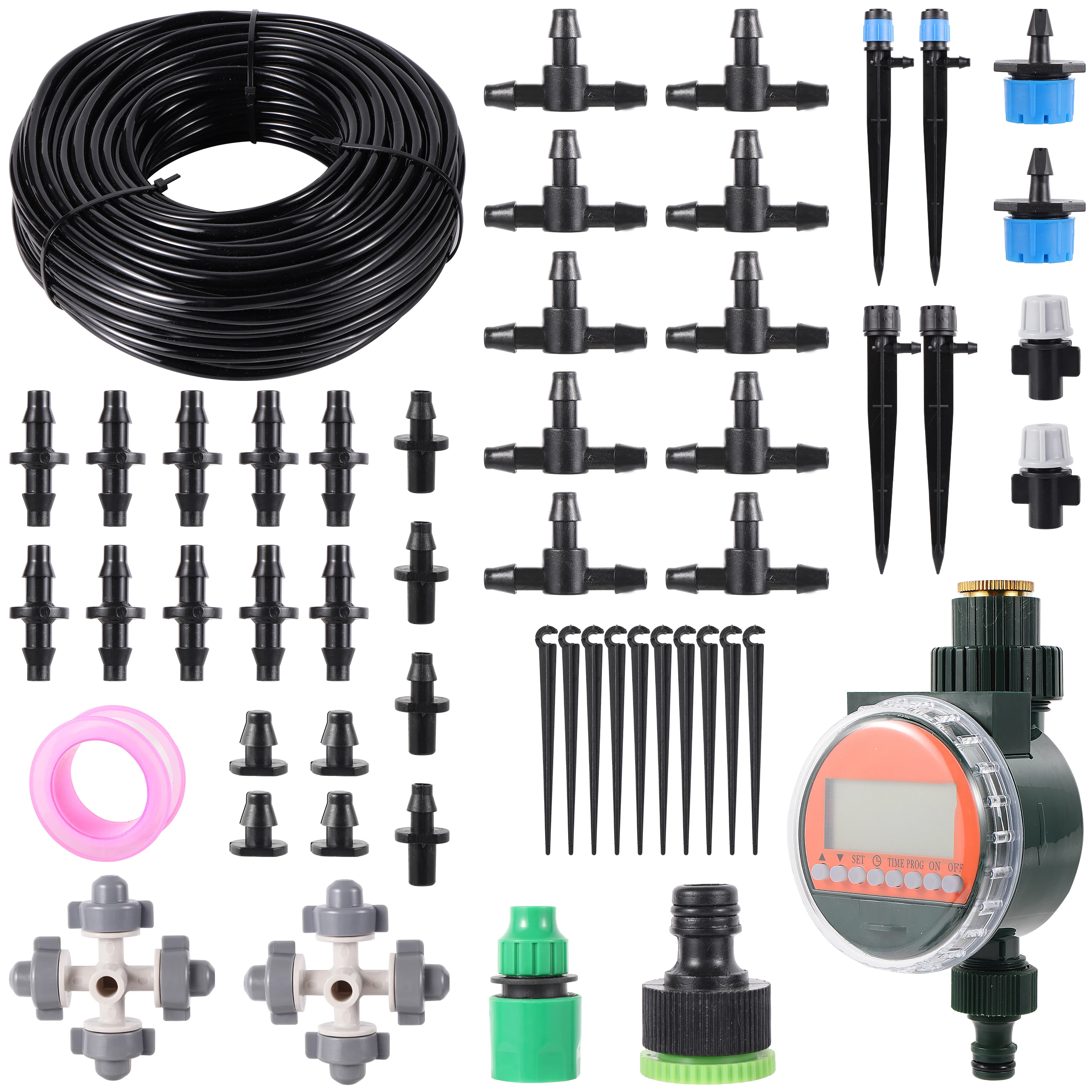 

10m To 40m 4/7mm Hose Garden Pot Irrigation Set, Automatic Programmable Watering Timer, Ground Sprinkler, Various Accessories