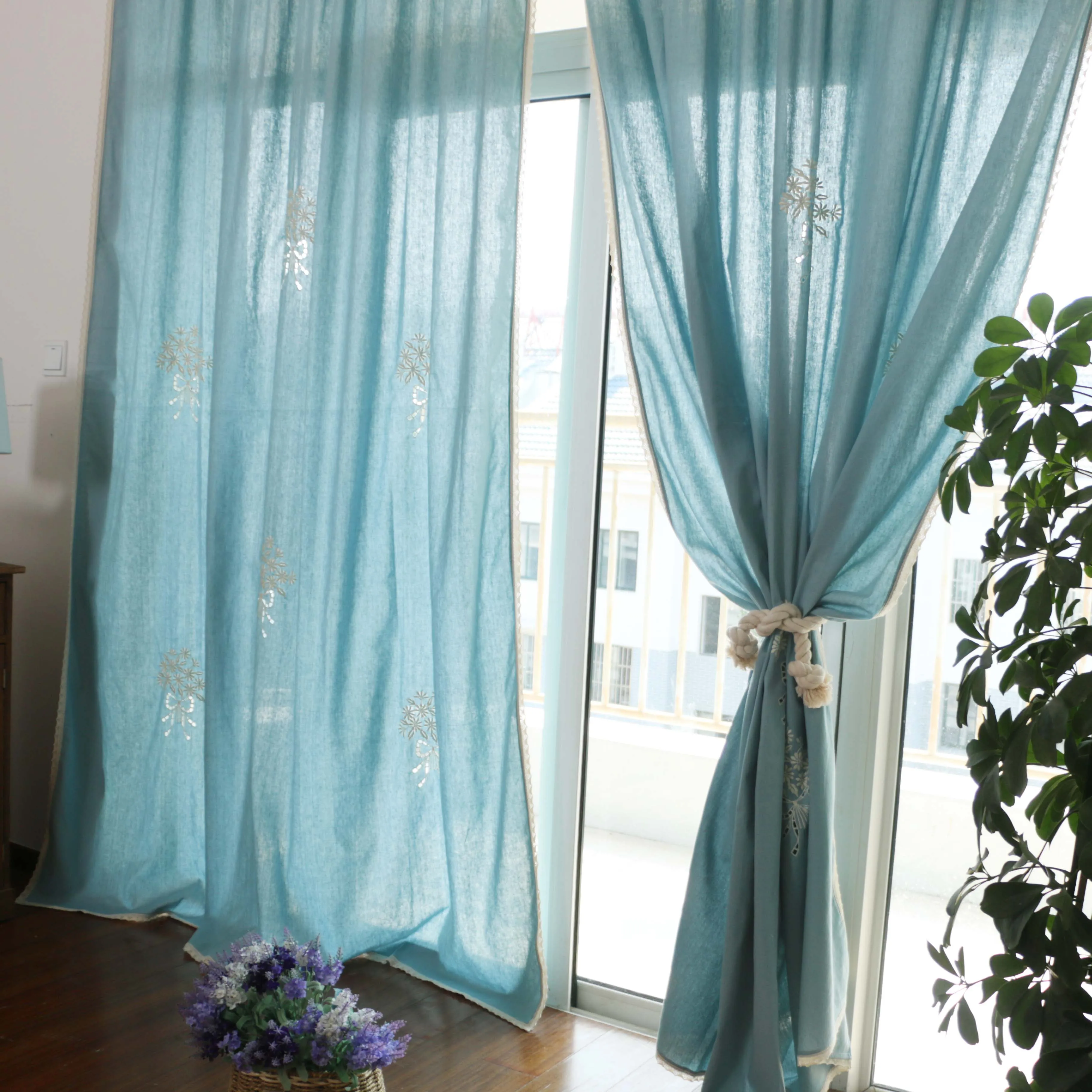 

Natural Cotton Linen Embroidery Blue Curtains, Hand Crochet Lace Edge, Sheer Curtain for Living Room Bedroom, Pastoral Curtains