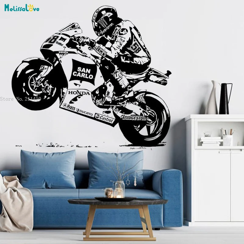 Motobike Racer Head Over The Finish Line Honda Wall Sticker Vinyl Decals Home Decor Large Size Removable Man Gift YT3896