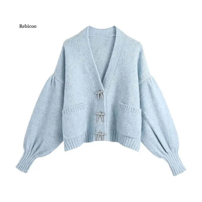 

Women Fashion Rhinestone Buttons Loose Knitted Cardigan Sweater Vintage Long Sleeve Pockets Female Outerwear Chic Tops