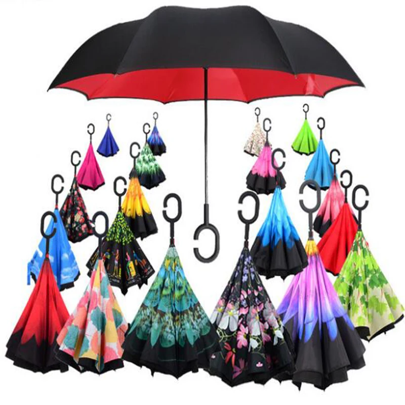 Handle Windproof Reverse Folding Umbrella Man Women Sun Rain Car Inverted Umbrellas Double Layer Anti UV Self Stand Parasol