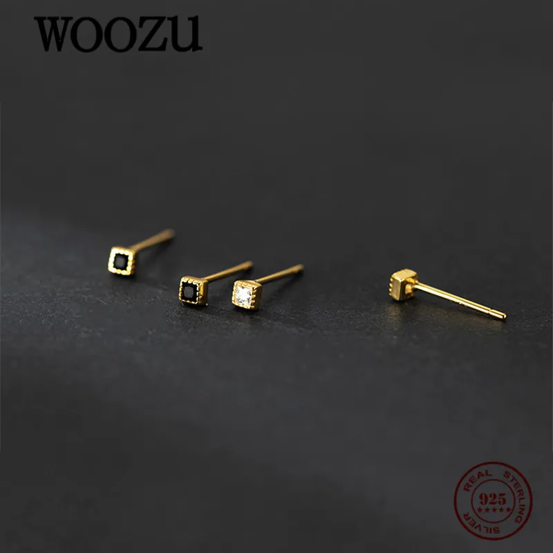 

WOOZU Real 925 Sterling Silver Minimalist Square Black Zircon Stud Earrings For Women Charm Party Girl Gothic Punk Jewelry Gifts