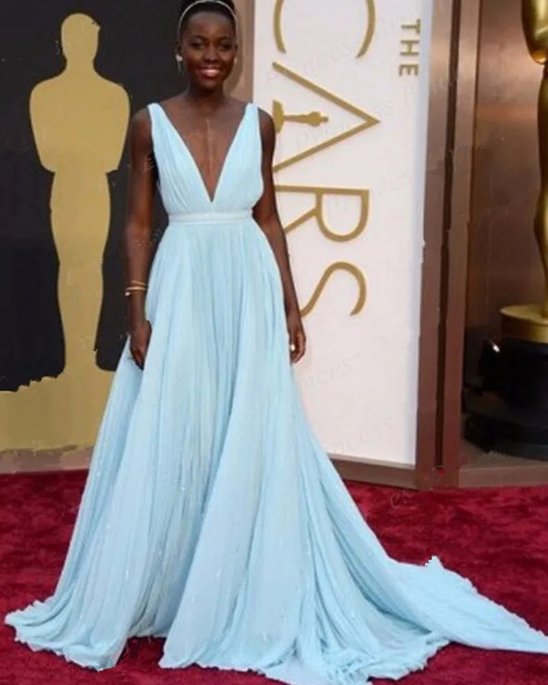 

Sky Blue Formal Celebrity Dresses A-line Deep V-neck Sweep Train Chiffon Backless Famous Red Carpet Dresses