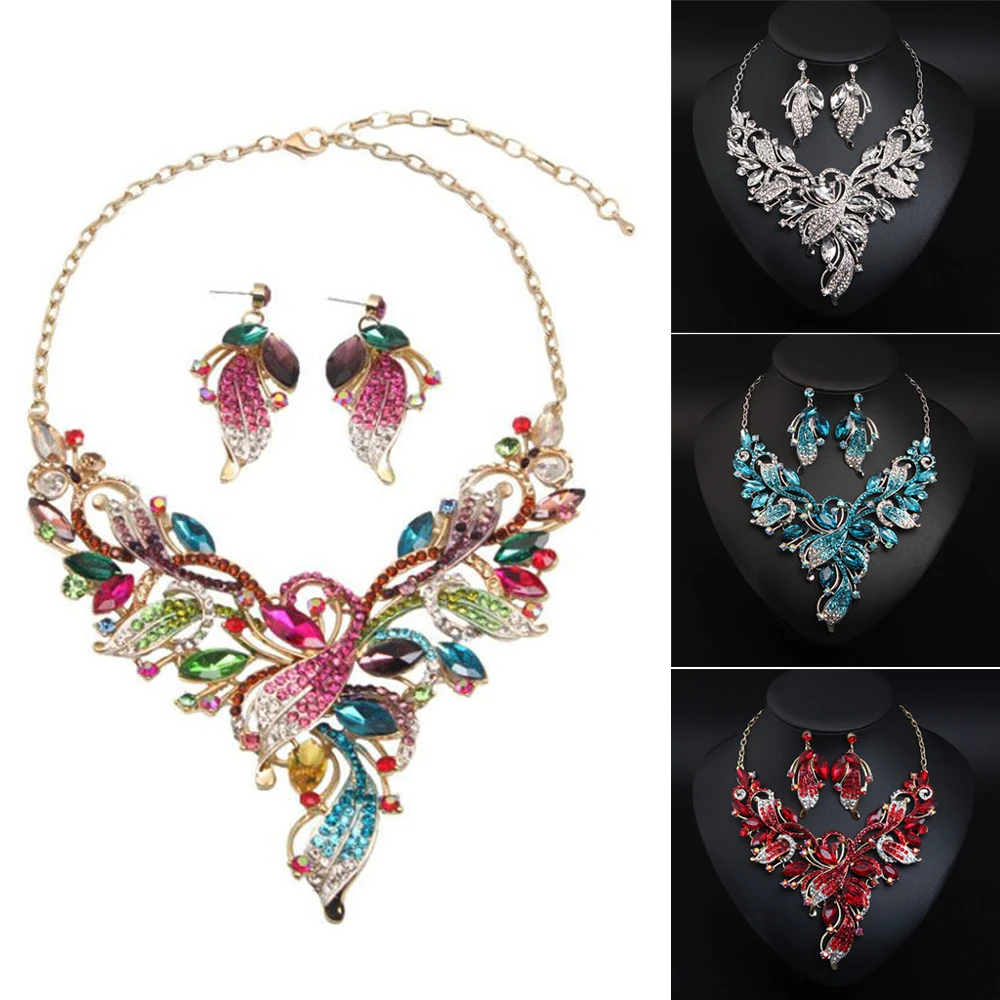 New Bridal Jewelry Set Crystal Necklace Earrings Sets Statement Choker Bib Collar Fashion Women Party Wedding Gifts Indian Dubai