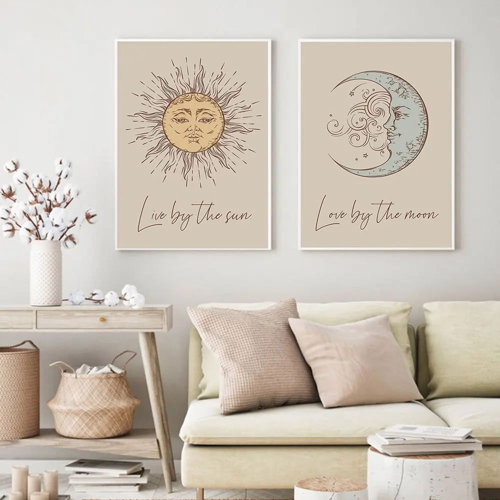 Live By The Sun Moon Poster Boho Celestial Art Print Minimalist Mystical Canvas Painting Modern Wall Picture Bedroom Home Decor