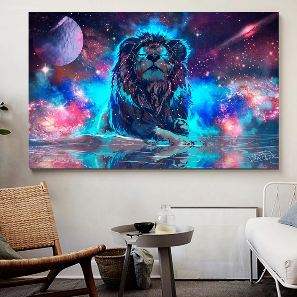 DDHH Big Size Colored Planet Glowing Lion Canvas Painting Modern Animal Picture Art Wall Art Poster for Living Room