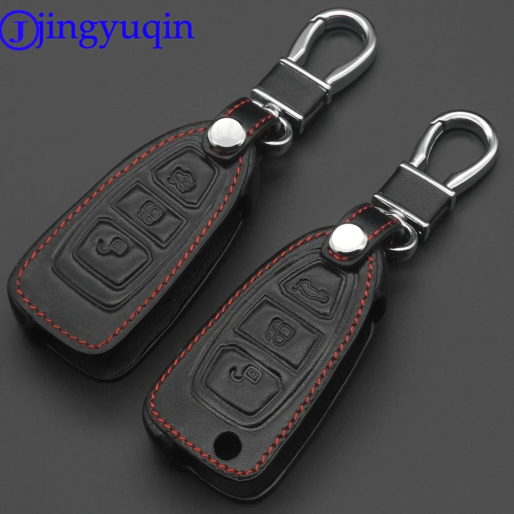Jingyuqin-Funda de cuero para llave de coche, cubierta de 3 botones para Ford Mondeo Mk4 Focus 2 3 4 St Kuga Fiesta Fusion Ecosport 2012 2013 2014