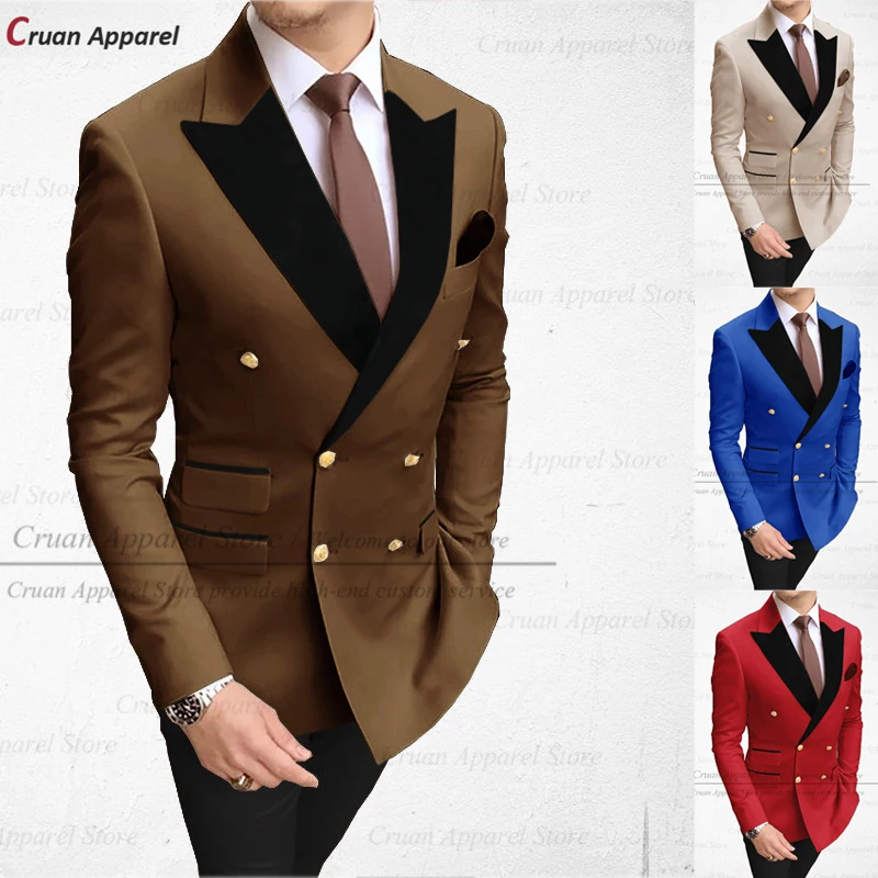 

Fashion Brown Men Suits 2 Piece Slim Fit Groomsmen Groom Wedding Tuxedo Double Breasted Black Velvet Lapel Blazer with Pants Set