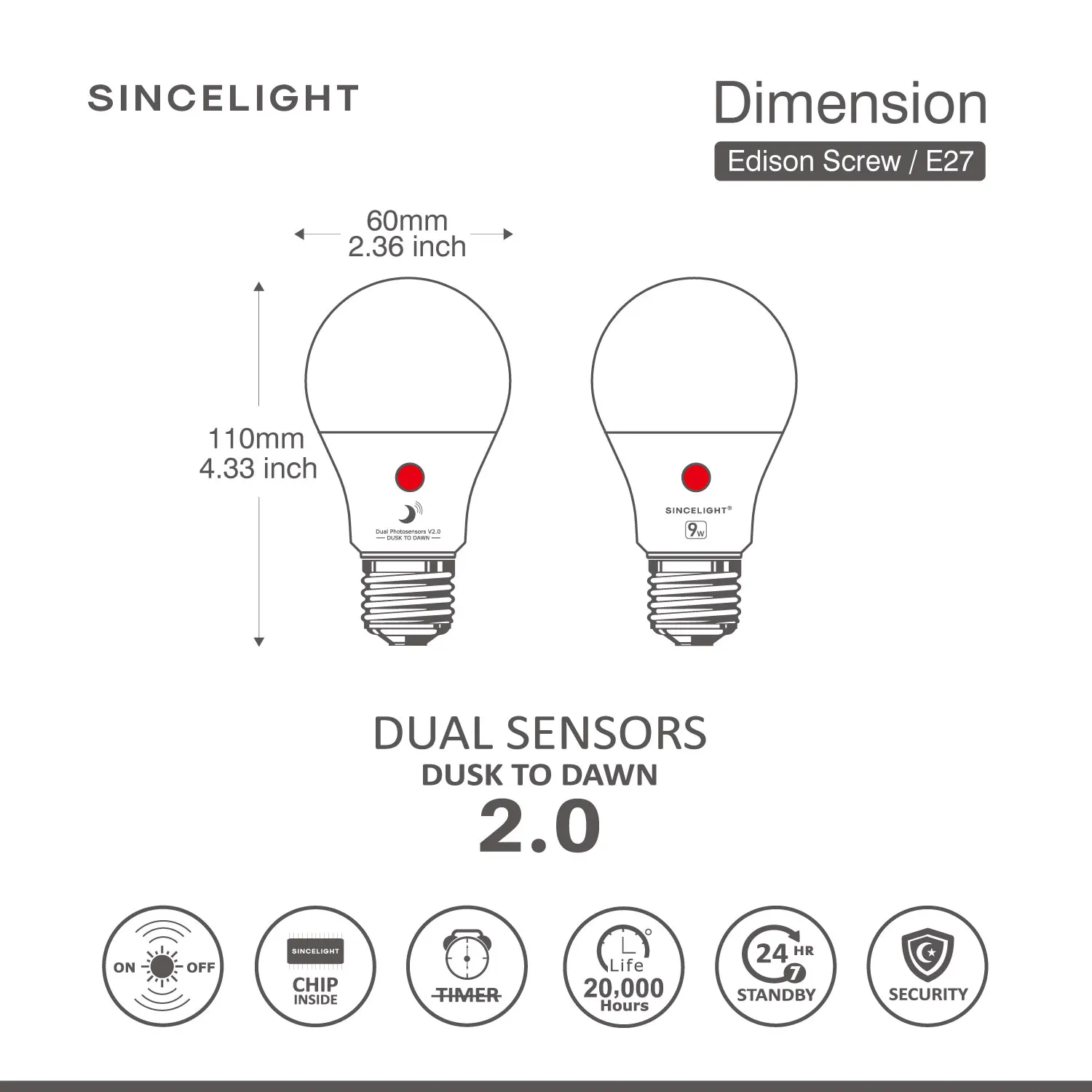 Lâmpada LED DayLight Sensor para Segurança Externa, Fotossensores Duplos, Automático ON e OFF, Crepúsculo ao Amanhecer, Pacote de 2, E27, 9W, 220V