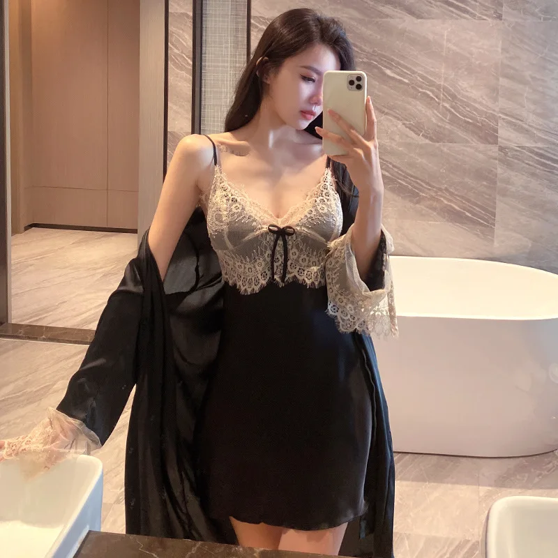 Sexy Perspective Black Lace Women Kimono Robe Sets 2PCS Rayon Nightgown&Bathrobe Bride Dressing Gown Summer Underwear Sleepwear