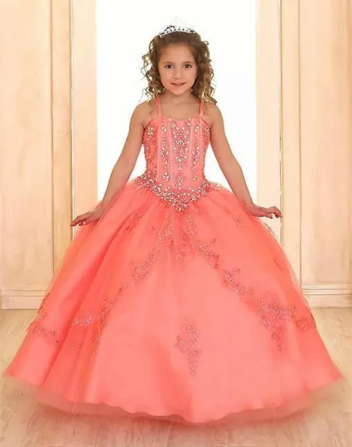 Pageant Coral Beaded Party Wear for Kids Ball Gown Spaghetti Strap Backless Shiny Luxury Crystal Princess Flower Girls Dress