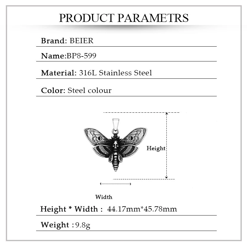 Beier  Death Head Skull Butterfly Moth Pendant necklace For Man Stainless Steel Punk good detail Animal Jewelry BP8-599