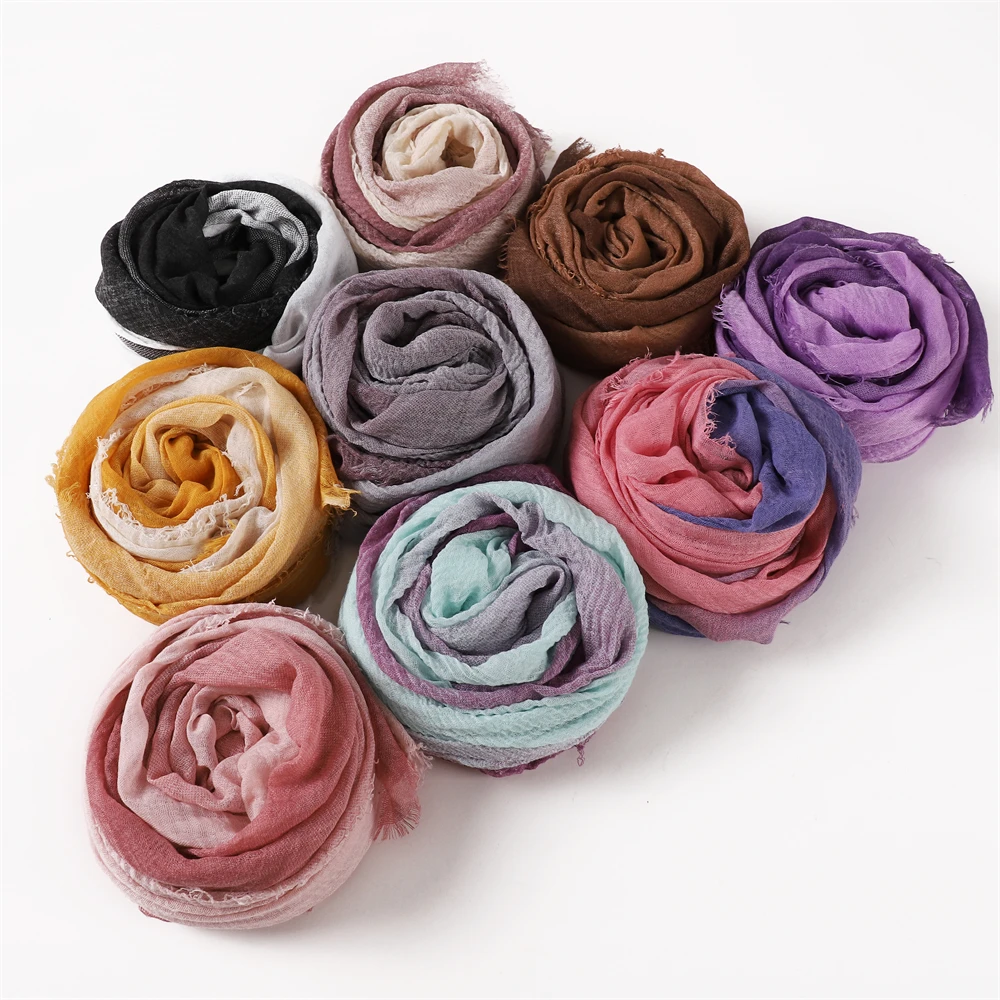 Hot Sale New Polyester Crinkled Two-tone Color Bubble Cotton Scarf Headband Beach Hijab Summer Muslim Wraps Shawls Wholesale