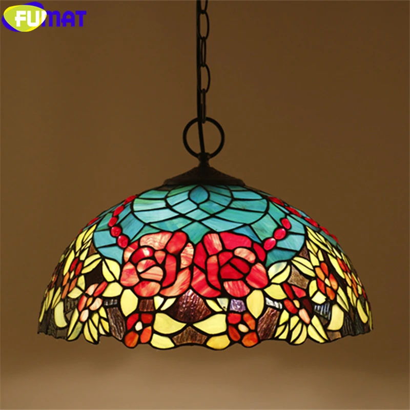 FUMAT Tiffany Pendant Lamp Red Pink Blue Rose Drawing Stained Glass Gemstone Lampshade Light For Dinning Handicraft Home Decor