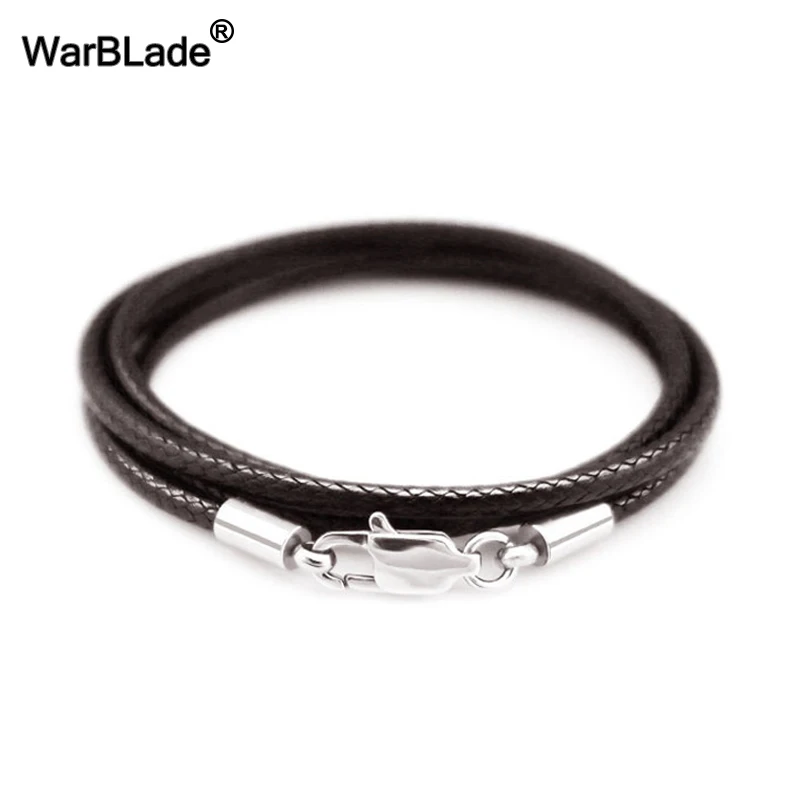 WarBLade 1.5mm 2mm 3mm Leather Cord Black Necklace Chain Stainless Steel Lobster Clasp Connector Round Waxed Rope For Men Women