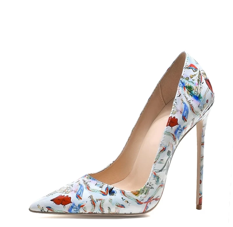 Sexy Red Lips Tower Printed Stiletto Heels Pumps Multi-Color Floral Wedding Female Colorful Dress Shoes 12cm 10cm 8cm Heels