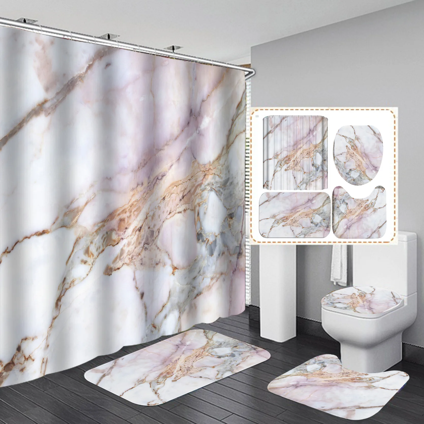 Marble Ink Texture Shower Curtain 4 Piece Soft Bathroom Set Luxurious Graphic Print Polyester Fabric with Hook