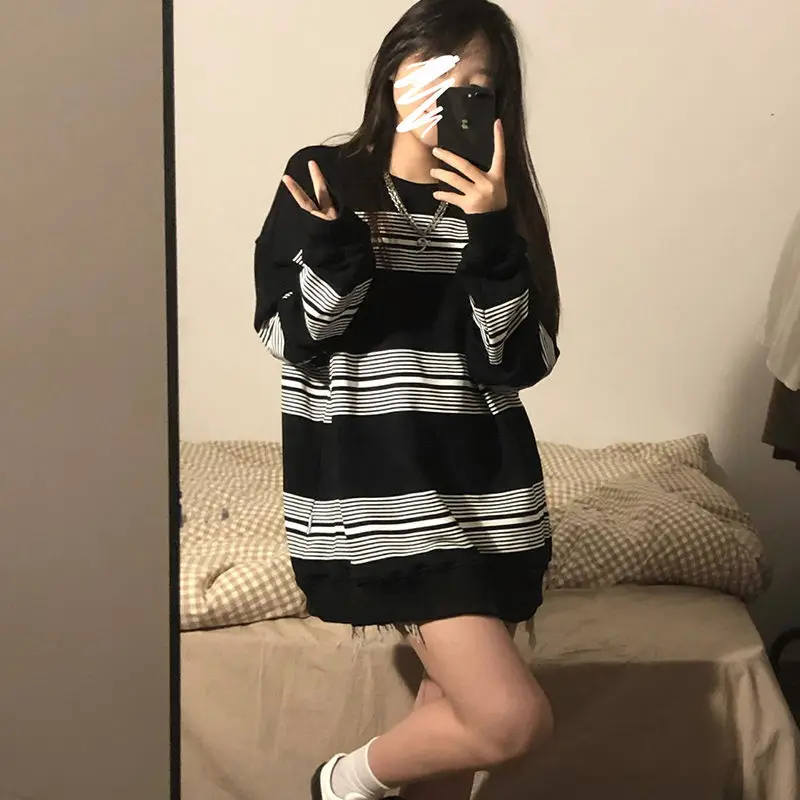 HOUZHOU Striped Long Sleeve Sweatshirt Women 2021 Autumn Oversized Thin Hoodie Casual Korean Fashion Couples Clothes Streetwear