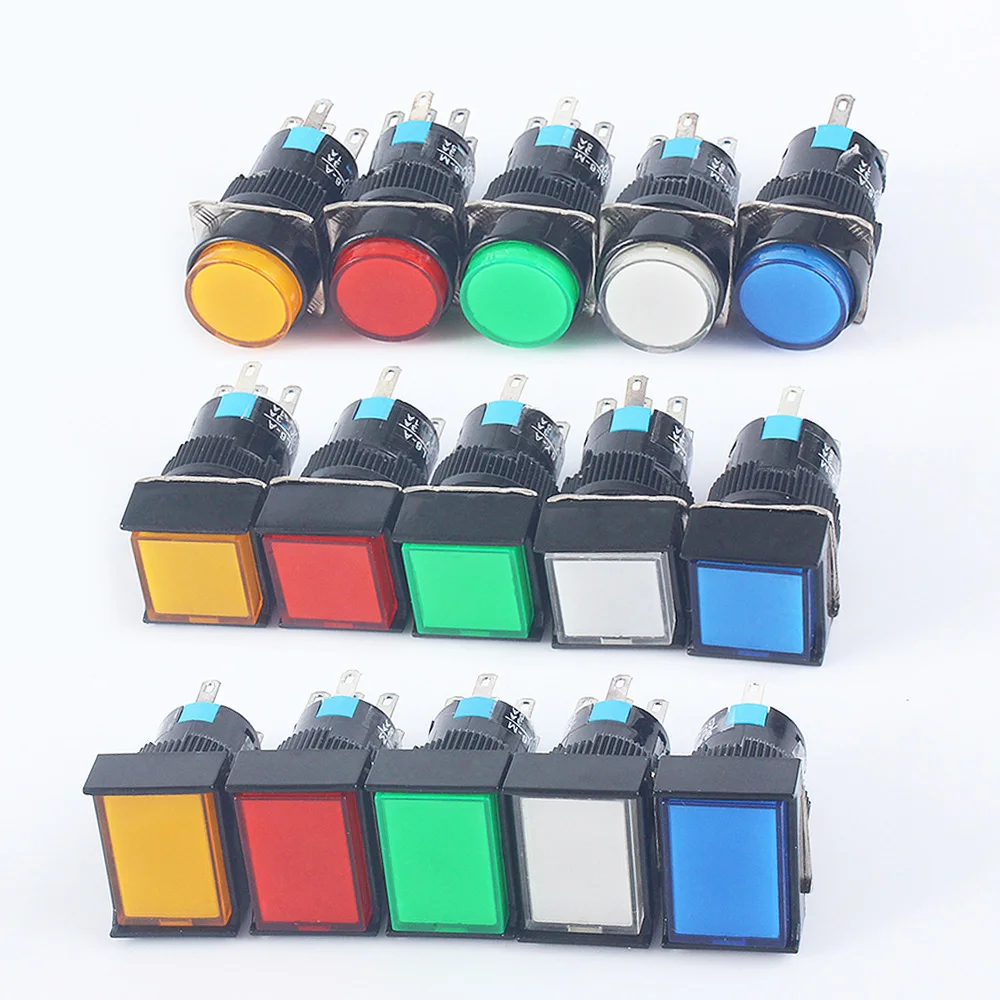 16MM 5V 12V 24V 220V 1NO1NC/2NO2NC Latching Lock Momentary LED Illuminuted Maintained Plastic Push Button Switches Square Round 