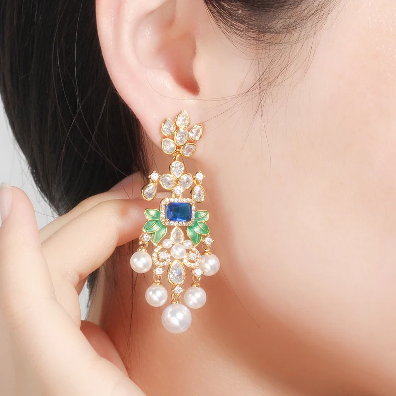 CWWZircons Blumen Zirkon Lange Hängeohrringe mit Perlen für Frauen Afrikanische Brautohrringe aretes de mujer modernos Großhandel E0375 – Detail 2
