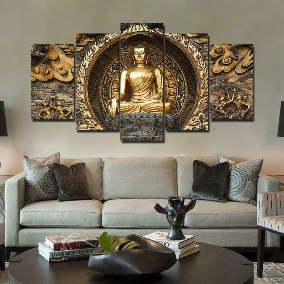 

5 Piece Poster Modular Golden Buddha Statue Wall Art Canvas Paintings Wall Decorations for Living Room