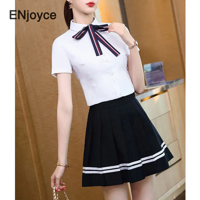 

Summer Women Professional White Short Sleeve Shirts Black Pleated Skirts Two Pieces Sets Ladies College Style Uniform Suit Set