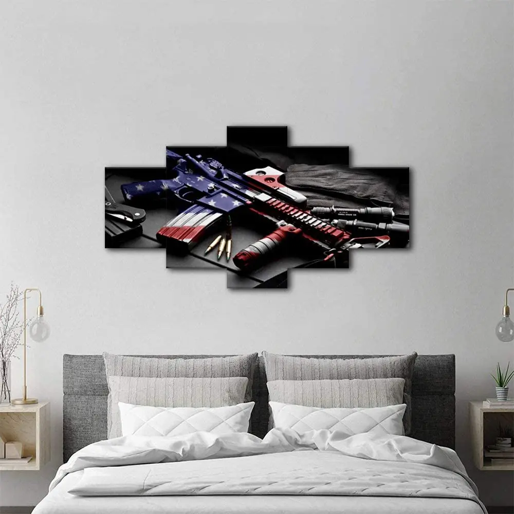 AK الرجعية بندقية العلم الأمريكي العسكرية قماش طباعة الفن عيد الاستقلال ديكور المنزل صور فنية للجدران لغرفة المعيشة 5 لوحة