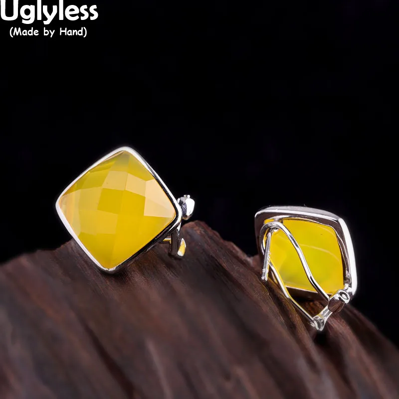 

Uglyless Lemon Yellow Faceted Chalcedony Studs Earrings for Women Real 925 Silver Square Earrings Semi-precious Stones Brincos