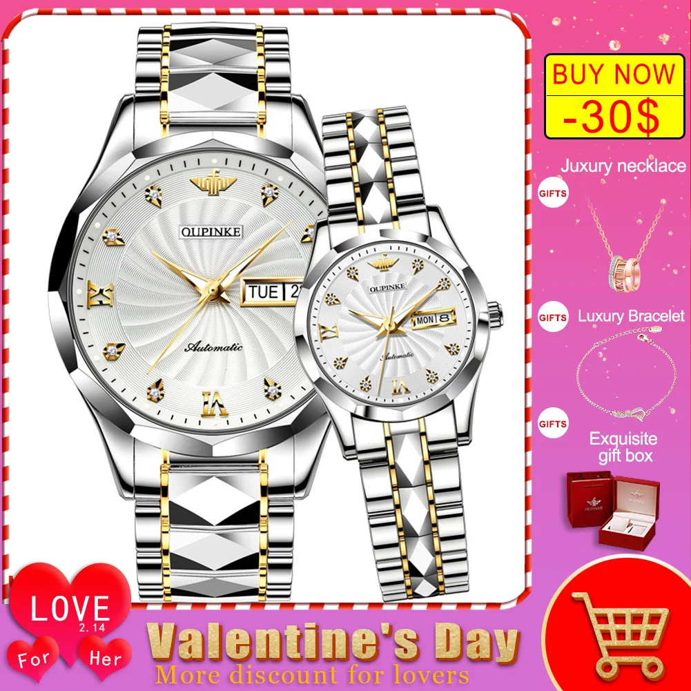 

OUPINKE Fashion Couple Watches Men and Women Wrist Watch Automatic Mechanical Luxury Valentine Gifts set Bracelet watch