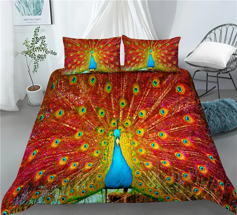 Home Living Luxury 3D Peacock Print 2/3Pcs Comfortable Duvet Cover PillowCase Bedding Sets Queen and King EU/US/AU Size