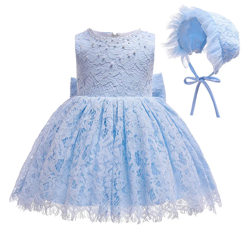 Hetiso White Blue Lace Baby Girls Dresses with Hat Beads Infant Christening Wear Summer Baby First Party Dress 3M-4T