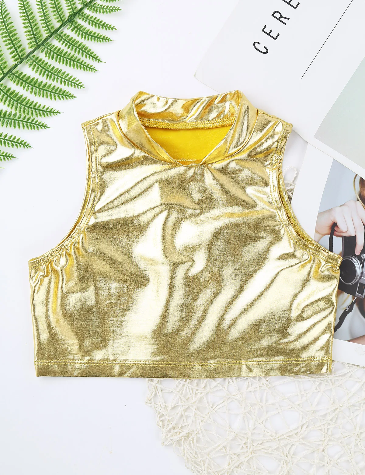 Kids Girls Ballet Dance Tops Sleeveless Shiny Metallic Turtleneck Tank Crop Top Vest Jazz Dance Performance Workout Costume
