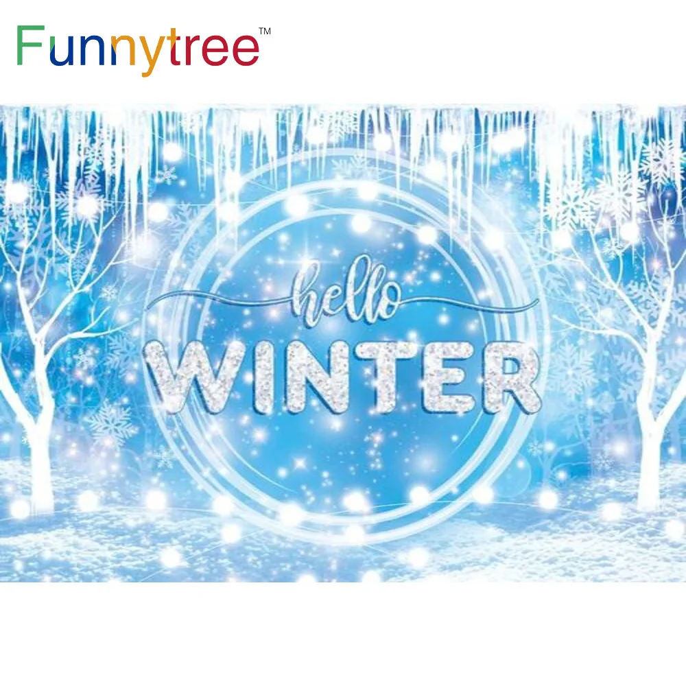 

Funnytree Winter Frozen Backdrop Snowflake Ice Cone New Year Snowy Tree Party Supplies Custom Decor Background Photo Booth