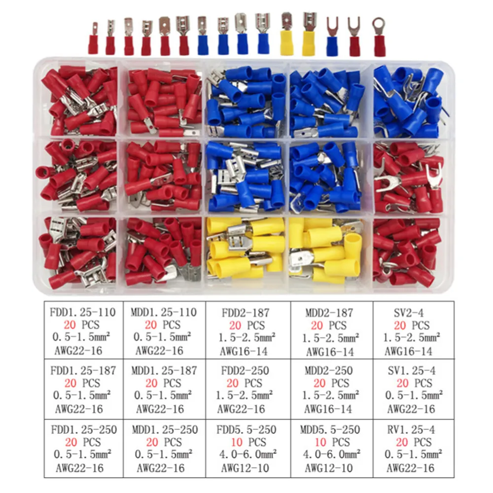 280Pcs/Set Car Cable Lugs Assortment Kit Wire Flat Female and Male Insulated Electric Wire Cable Connectors Crimp Terminals Set