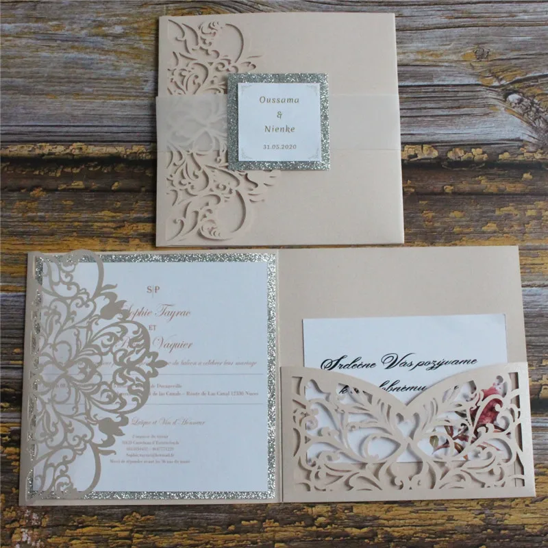 Wedding Invitations Flower Laser Cutting Tri-Fold Pocket With Glitter Silver Belly Band Personalized Printing