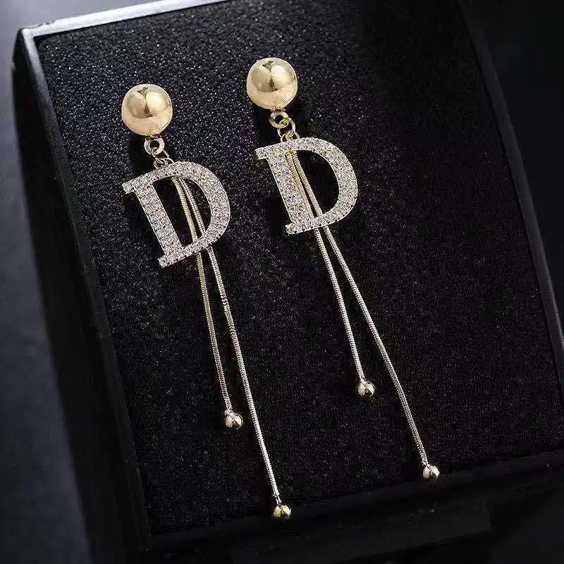 Luxury Brand Long Chain Letter D Clip Earrings For Women Crystal Big Hanging Earring Wedding Jewelry Statement pendientes