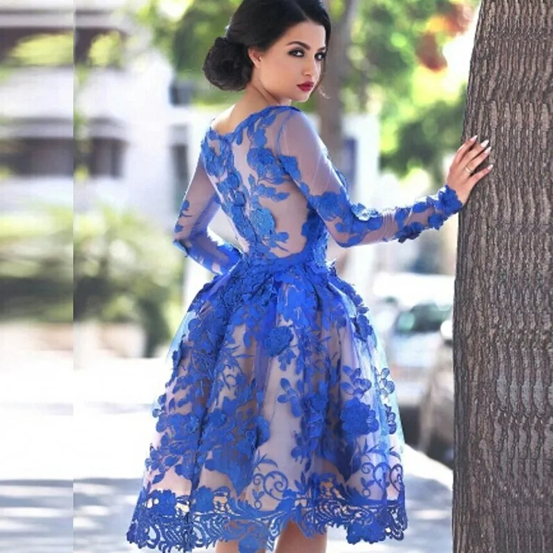 Mini robe de soirée de cocktail bleu Royal, manches courtes, Sexy, en dentelle, taille personnalisée, robes de mère de la mariée, nouveauté 2018