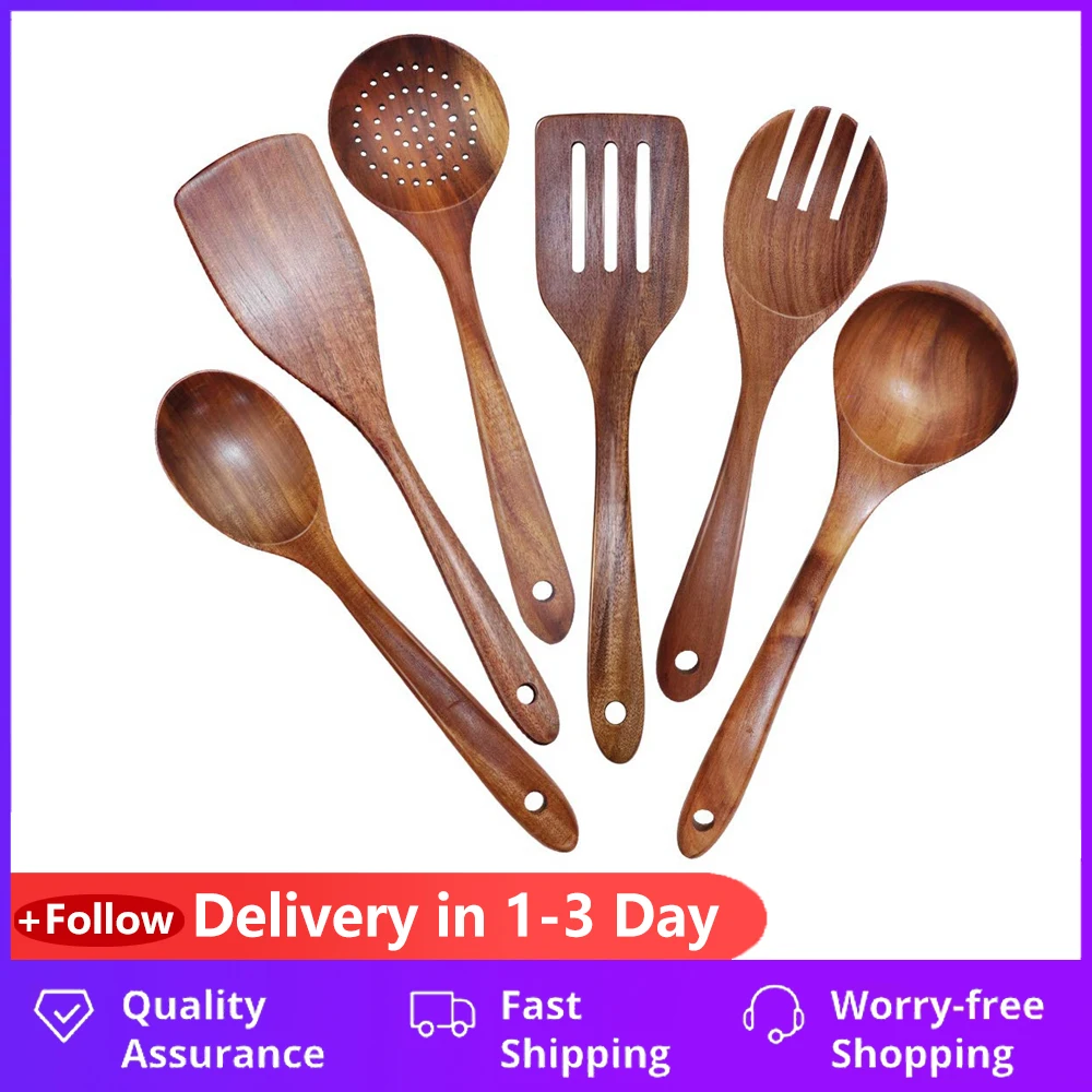 Holz Utensilien Set von 6 Große Küche Kochen Utensil für Nicht Stick Kochgeschirr Natürliche Teak Holz Löffel Spachtel Pfannen Sieb