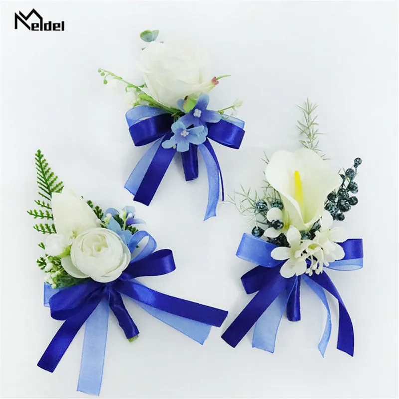 Rosas brancas Blue Ribbon Pulso Corsage, Boutonnieres casamento, Tulipa Pulseira, Noivo Homem Terno, Buttonhole Broche Pins Casamento