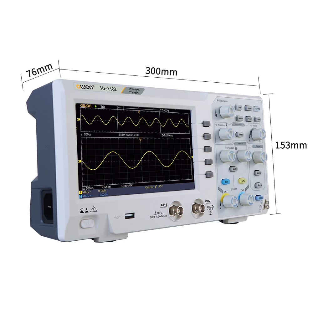 OWON SDS1102 Oscilloscope 2-Channel Digital Oscilloscopes 100MHZ Bandwidth 1GS/s High Accuracy Oscilloscope