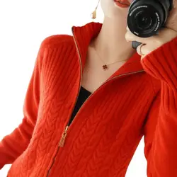 Suéter de punto con cremallera para mujer, cárdigan con cuello levantado, suéter de punto sólido de Cable suelto, chaqueta, Tops para estudiantes, Otoño, rojo y rosa