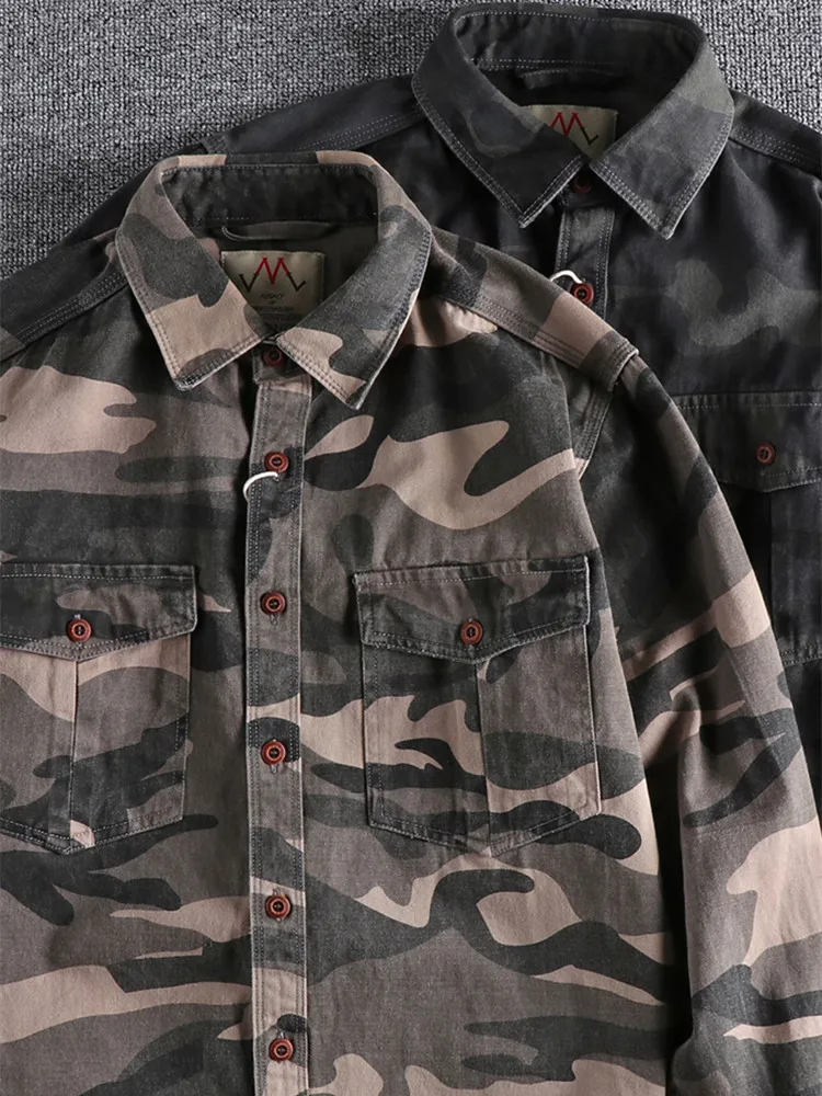 Autumn New American Retro Tooling Camouflage Shirt Men\'s Fashion Long Sleeve Loose Pure Cotton Washed Old Casual Blouses Coat