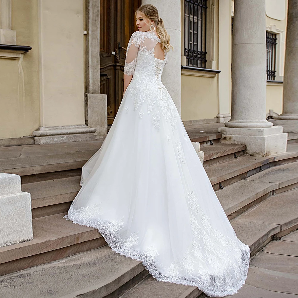 Customized Plus Size A-line Wedding Dress 2021 Sweetheart Half Sleeves Lace Chapel Train Tulle Bridal Gown With Applique Vestido