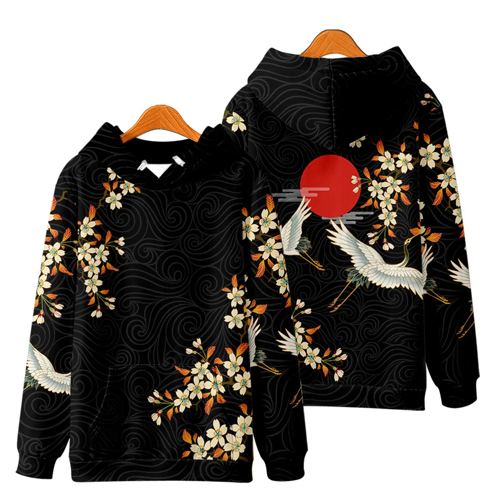 Harajuku Japanese Crane Flowers Print Hoodie Sweatshirt Casual Oversized Hooded Hoodie Hip Hop Pullover Women Men Clothing