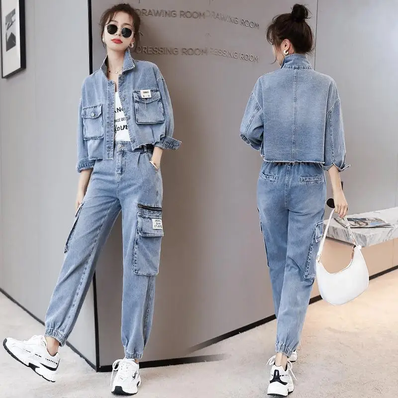 Kobiety Retro styl Hong Kong moda Denim garnitur 2021 kobiet wiosenny i jesienny nowy krótki płaszcz kobiet kieszeń dżinsowa spodnie Cargo A178CH