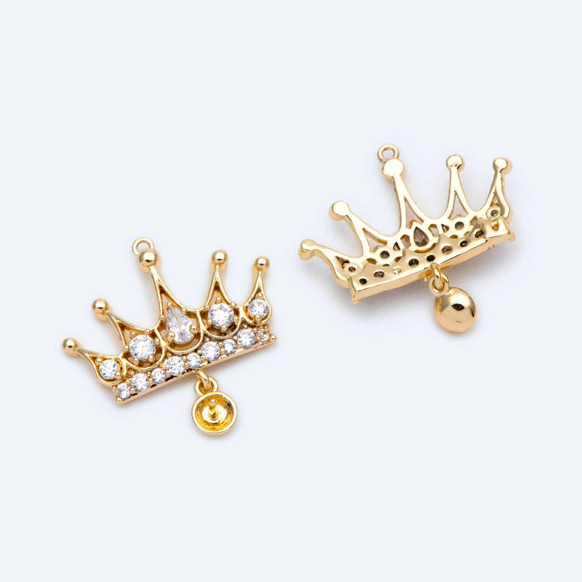 4pcs Gold Crown Charm with Half Drilled Pearl Peg, Real Gold plated Brass Crown Pendant 15x11mm, Lead Nickel Free (GB-1580)