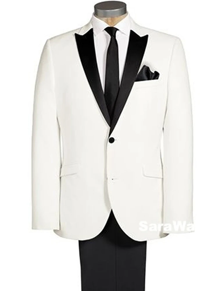 

Custom Made Groom White Tuxedo, Bespoke white tuxedo jacket black lapel, Tailored White Jacket with Black Pants,Peak Satin Lapel