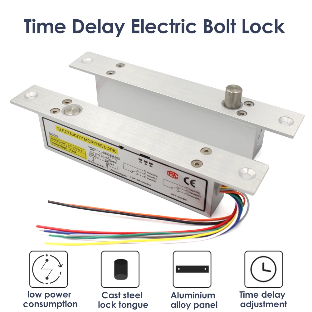 8 Wire NC/9 Wire NO DC12V Electric Lock Magnetic With Time Delay 0/3/6 Second Mortise Door Lock Fail Safe Fail Secure Bolt Lock